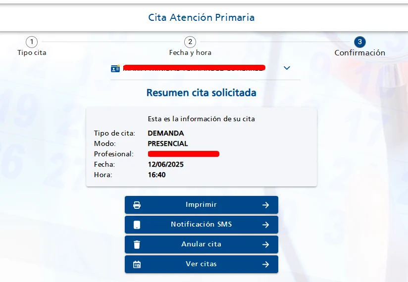 Cita SESCAM solicitada correctamente