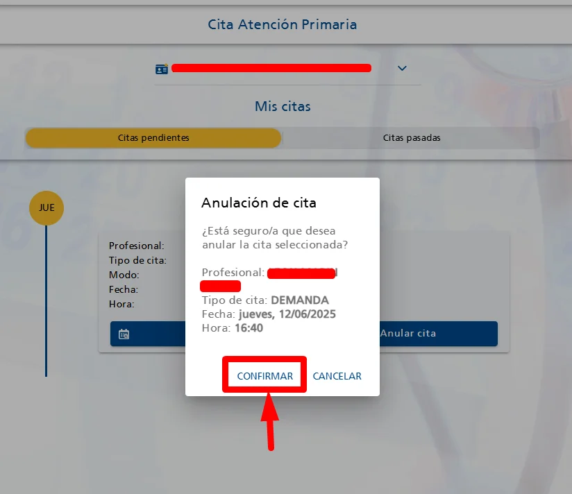 Confirmar la anulacion de la cita SESCAM