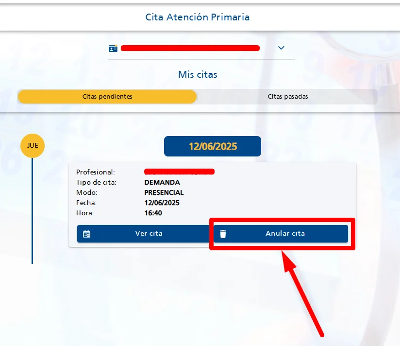 Presiona en Anular cita SESCAM